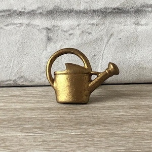 May include: A gold-coloured metal watering can with a handle and spout. The watering can is small and would be suitable for a miniature garden.
