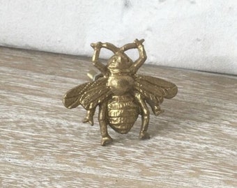Könnte beinhalten: Ein goldfarbener, metallener Schubladengriff in Bienenform. Die Biene hat detaillierte Flügel und Beine.