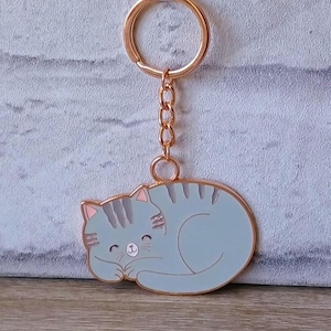 Cute Grey Cat Rose Gold Pet Home Car Office Keyring Keychain Holder Organiser Mother&#39;s Father Day Gardener Gift Present Bag Charm Pendant