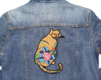 Cat Kitty Patch Sew on Iron On Patch With Colourful Flowers