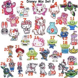 May include: A selection of embroidered Disney character patches, featuring characters like Lotso, Hello Kitty, Marie, Buzz Lightyear, and Stitch. The patches are in various colours and designs, ideal for decorating clothing or accessories.