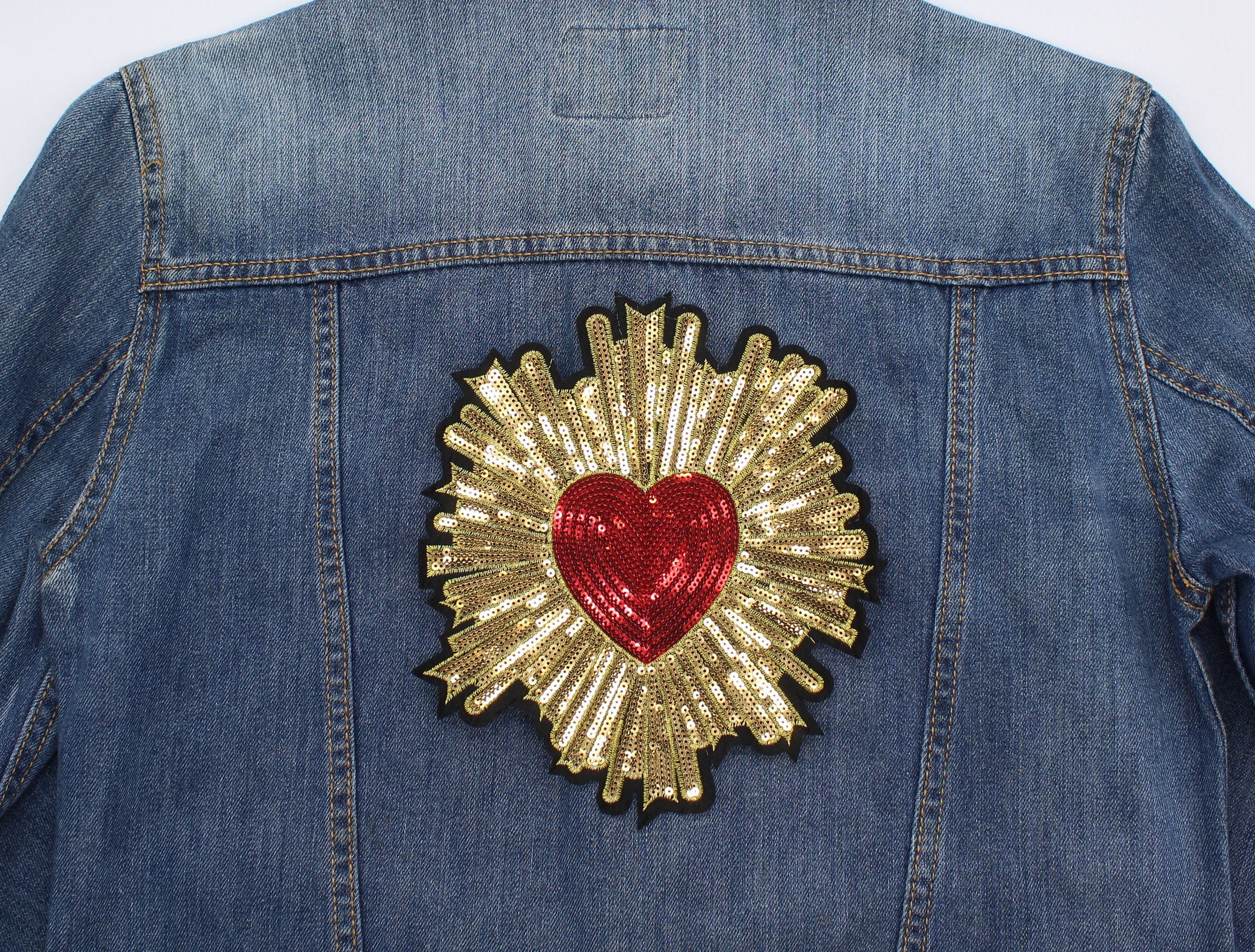 5 Applicate A Cuore Con Paillettes Ricamate, Toppe Termoadesive E Da Cucito Per Abbigliamento, Jeans E Fai Da Te, Oro, 8,3x7 Cm - 4