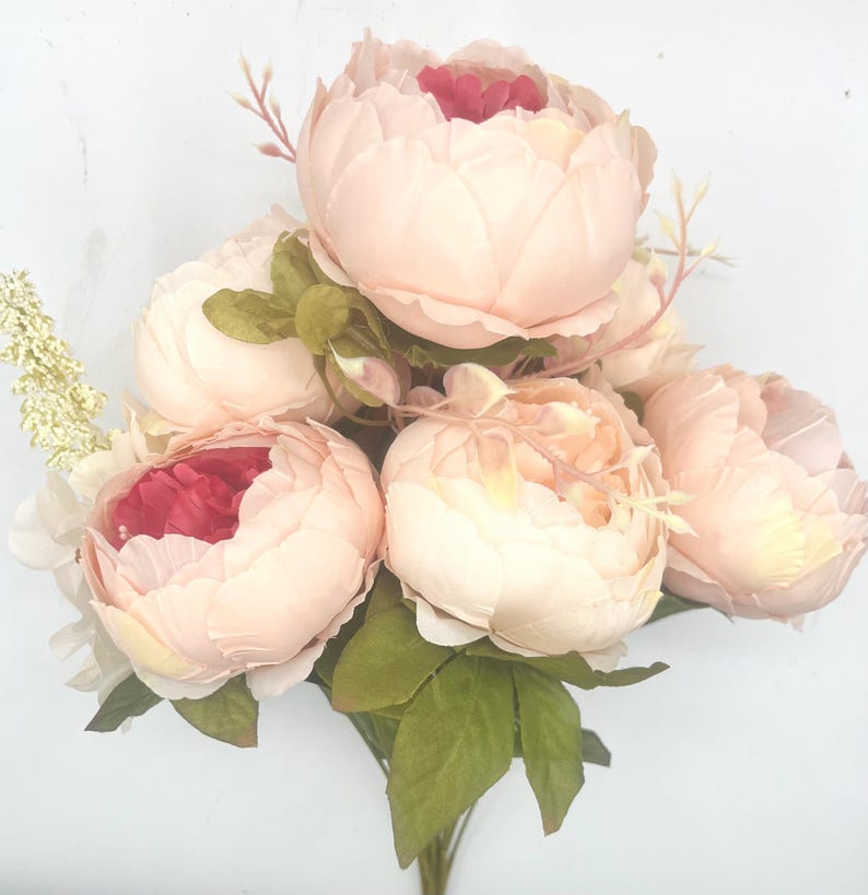 May include: A bouquet of six blush pink peonies with red centers. The peonies are arranged in a cluster with green leaves.