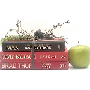 May include: A stack of three books with gold lettering, bound together with a leather strap. The top book is black with the title "MAX" and author James Patterson. Two red books below read "DAVID BALDACCI" and "BRAD THOF". A green apple rests beside the books.