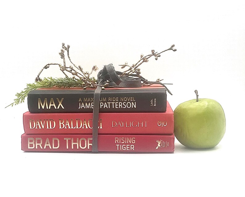 May include: A stack of three books with gold lettering, bound together with a leather strap. The top book is black with the title "MAX" and author James Patterson. Two red books below read "DAVID BALDACCI" and "BRAD THOF". A green apple rests beside the books.
