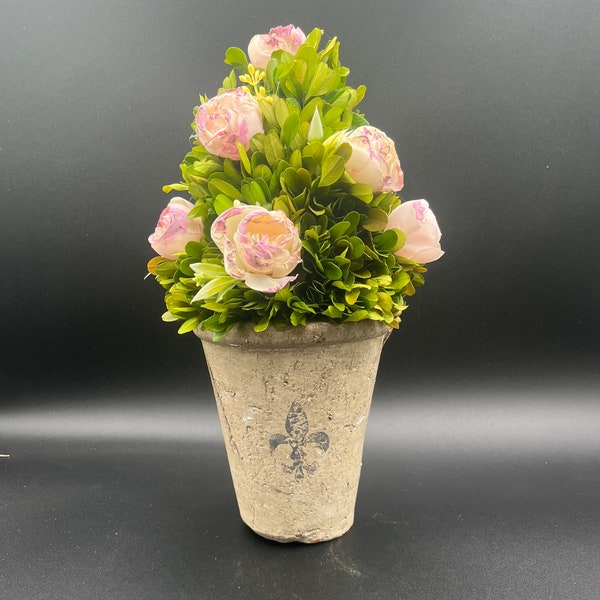 Preserved boxwood, blush roses and rustic urn, fleur de lis, country French, artificial flower, gift, stone look vase, faux arrangement,