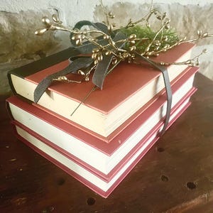 May include: A stack of three books with red covers and white pages, bound together with a dark gray ribbon. The top of the books are decorated with gold-colored sprigs and green foliage, creating a rustic, decorative arrangement.