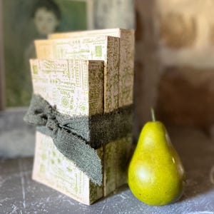 May include: A stack of three rectangular books with cream covers featuring green vintage-style French typography and illustrations, bound together with a frayed dark olive green fabric ribbon, positioned next to a single realistic green pear.