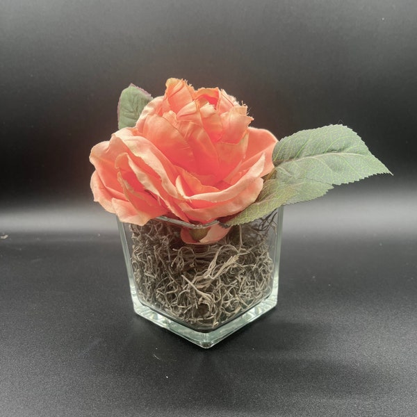 Small pink peach peony faux artificial arrangement, glass square vase, rustic French style, accent piece, sphagnum moss accent. Gift, mom