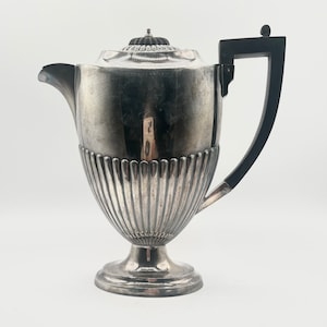 May include: A silver teapot with a black handle and a fluted design. The teapot has a round body and a tall, slender spout.