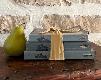 Blue Gray Vintage Book Stack Decor, French script  Paperback Bundle, French Country Farmhouse Decor, Rustic Shabby Chic English Cottagecore