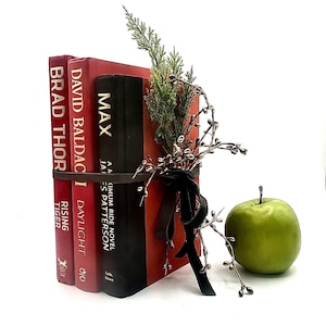 May include: A decorative stack of books bound with a brown leather strap and adorned with greenery and a black ribbon. The books are red and black, with titles including "MAX" and "David Baldacci". A green apple sits nearby.