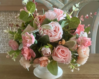 Pink Rose Floral Arrangement: Shabby Chic Cottage Centerpiece