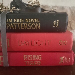May include: A stack of three books bound together with a gray ribbon. The top book is black with gold lettering that reads "UM RIDE NOVEL PATTERSON." The middle book is red with "DAYLIGHT" in gold. The bottom book is red with "RISING TIGER" in gold.