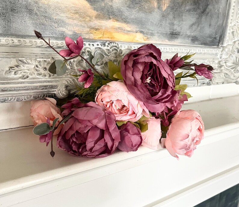 Artificial Peony Bouquet mauve Pink & Green Floral wedding Centerpiece image 9