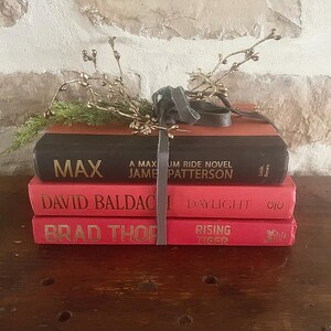 May include: A stack of three books with red and black covers. The top book is black with the title "MAX" and author James Patterson. The other two books are red with gold lettering. A gray ribbon and decorative sprigs are on top.