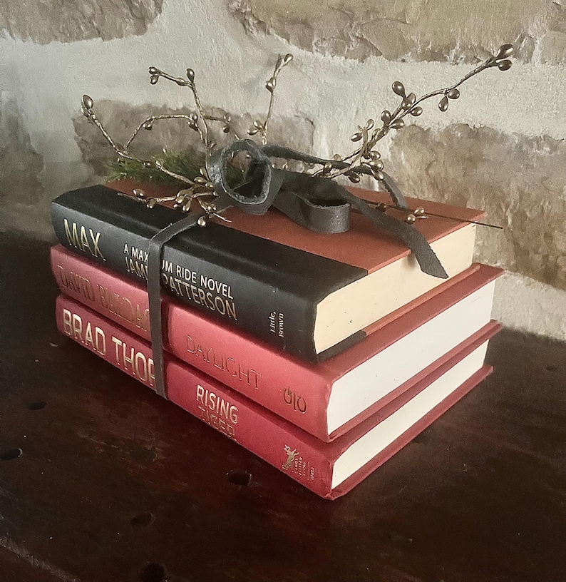 May include: A stack of three books with red and black covers, tied with a black leather strap and adorned with a decorative twig and leaf arrangement. The top book is black with the title "MAX".
