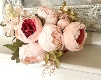 green pink white peonies artificial bouquet rustic country French shabby chic floral bedroom living room dining table wedding centerpiece.
