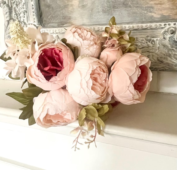 Artificial Peony Bouquet: Cream, Pink & Green Floral Centerpiece