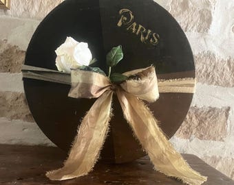 Paris Style Hat Box: Black & Gold Plaid Silk Fabric, Shabby Chic Decor