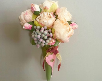 Artificial floral arrangement wall pocket vase, pink green peonies roses