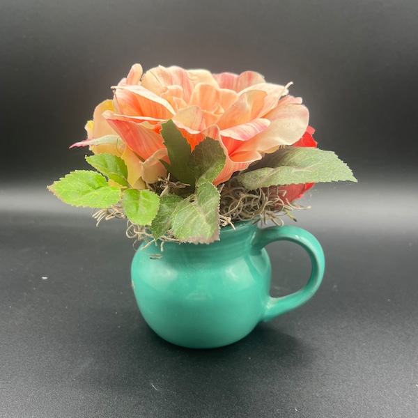 teal creamer pitcher with pink peony, deep pink rose and a yellow rose faux flower arrangement French country cottage style one of a kind