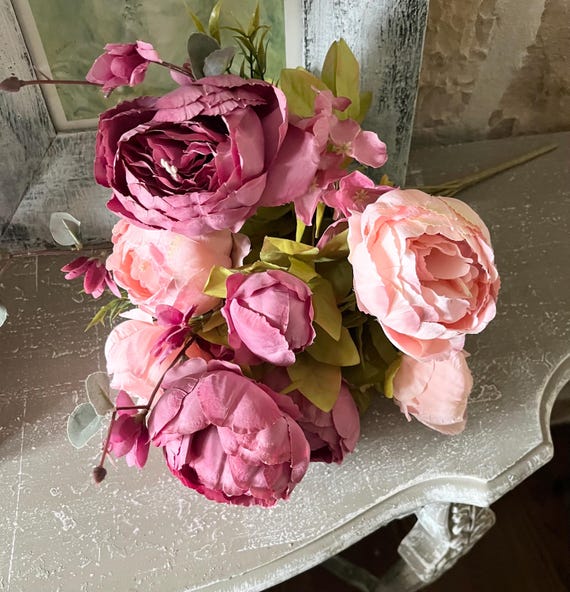 Artificial Peony Bouquet mauve Pink & Green Floral wedding Centerpiece