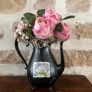 Artificial pink rose bouquet arrangement, black Coffee tea pot centerpiece