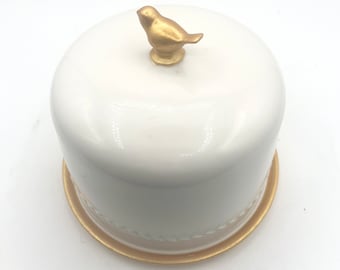 White Ceramic Cupcake Holder: Gold Bird Topper, Elegant Kitchen Decor