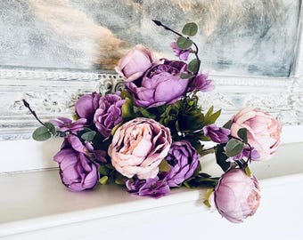 Artificial spring peony Bouquet, purple, lavender & Green Floral wedding Centerpiece