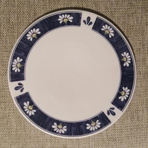Op de afbeelding: Een wit keramiek bord met een blauw en wit madeliefjespatroon rond de rand.