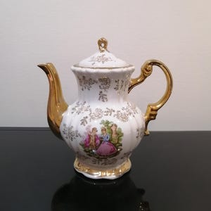 Romantic Courting Themed English Teapot or Coffee Pot in Rococo or Victorian Styles Floral Gold Gilt Country Garden Scene Made in Japan