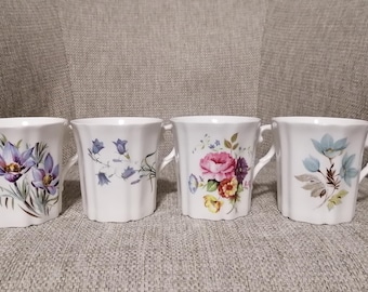 Set of Four Vintage Royal Grafton Floral Mugs Purple Blue Pink Flowers Fine Bone China Made in England