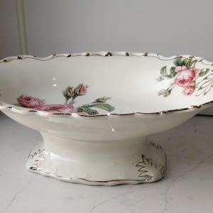 Rare Antique Victorian Footed Serving Bowl – Pink Roses & Gold Trim – Ornate Porcelain Centrepiece