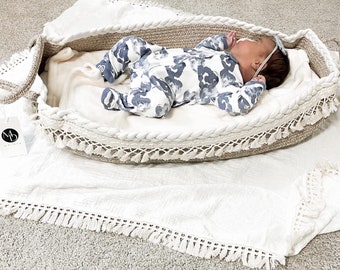 Handmade Woven Cotton Rope Baby Changing Basket - Changing Table Topper with Mattress Pad, Removable Cover, Soft Blanket - 29x16x4.7 Inches