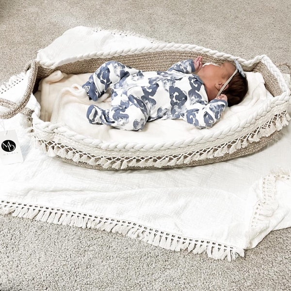Handmade Woven Cotton Rope Baby Changing Basket - Changing Table Topper with Mattress Pad, Removable Cover, Soft Blanket - 29x16x4.7 Inches