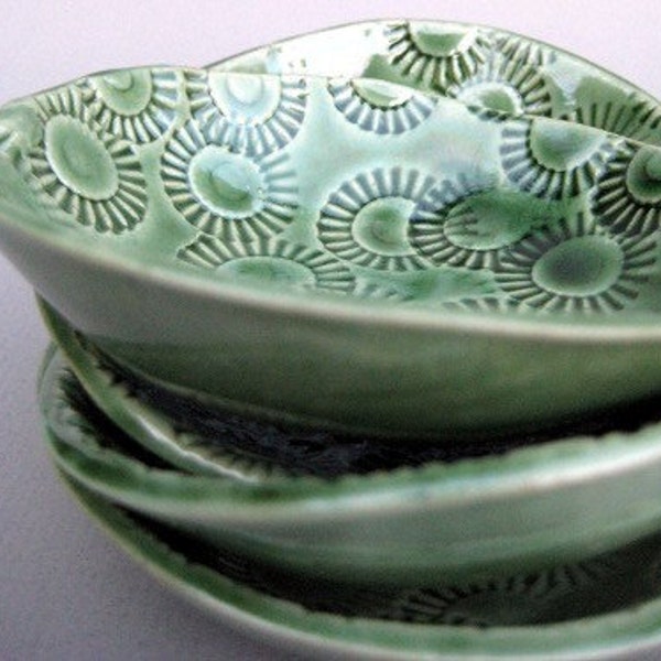 Retro Green Handbuilt Dishes - Set of Four