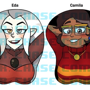 May include: Two cartoon characters, Eda and Camila, are depicted in a stylized illustration. Eda is a woman with white hair, a red dress, and a mischievous grin. Camila is a woman with brown hair, wearing a red and yellow striped sweater and glasses. The characters are both smiling and have their arms raised.