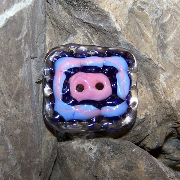Lampwork Glass Button Two Hole Square Pink Blue