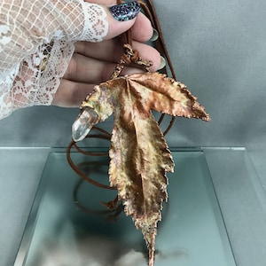 Electroformed Maple Leaf Necklace: Recycled Copper & Quartz Point