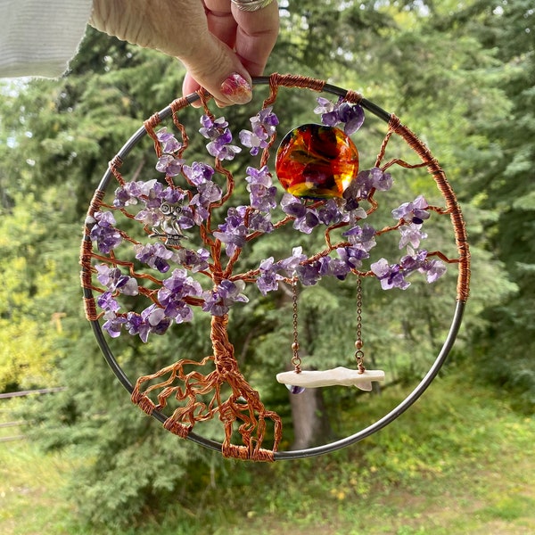 Blood moon, Tree of life, amethyst gemstones, 7 “ ring, wire tree, lampwork bead, large wire tree of life, wall art, window jewelry