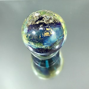 small planetary paperweight, galaxy paperweight, outer space marble on stand, lampwork paperweight, layered metals, hand spun glass