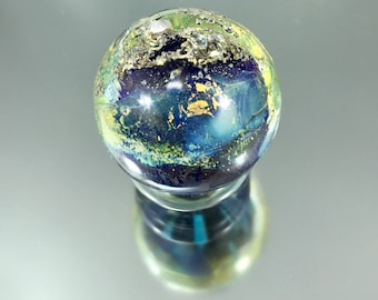 small planetary paperweight, galaxy paperweight, outer space marble on stand, lampwork paperweight, layered metals, hand spun glass