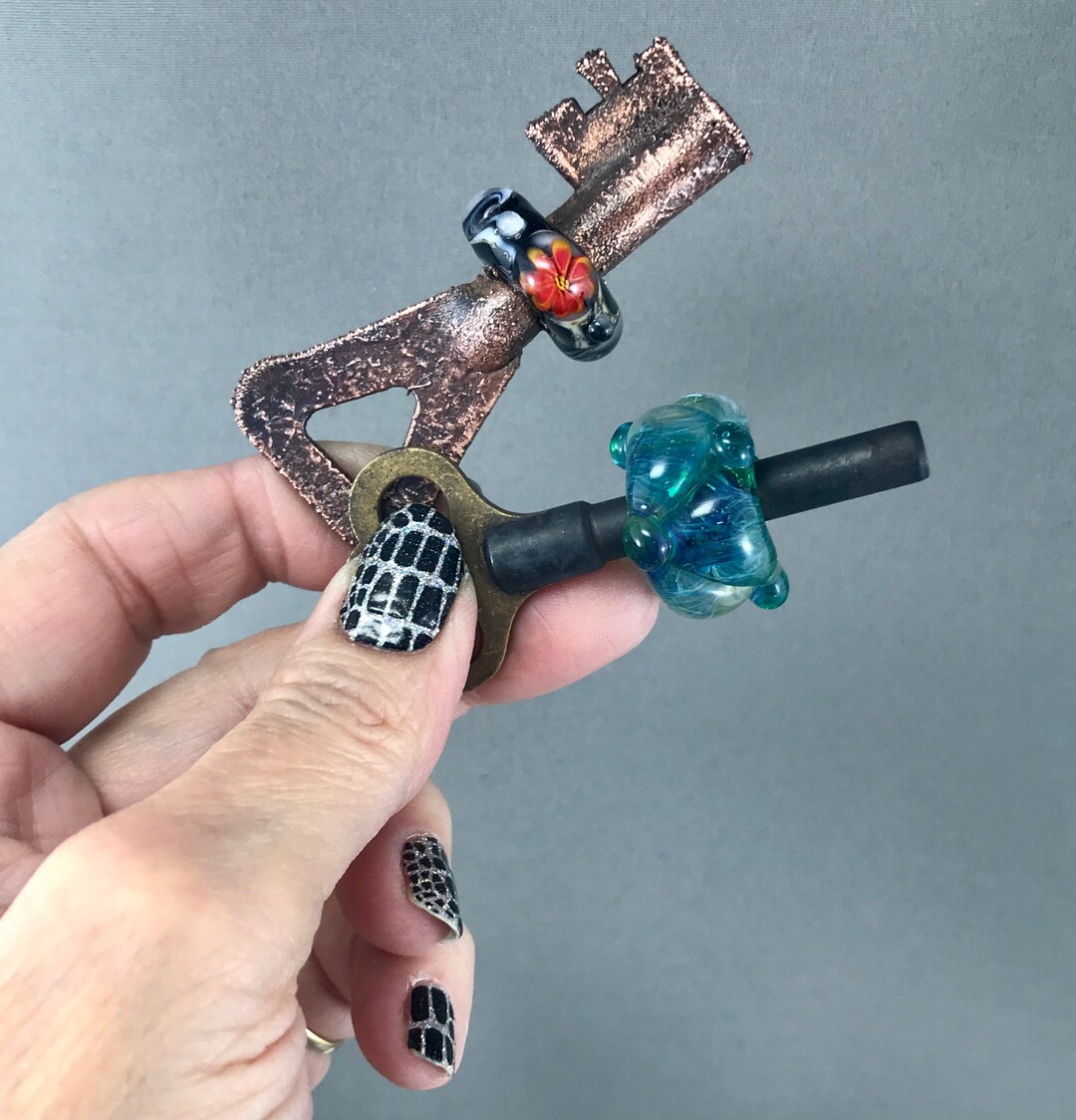 Electrix Handmade Key Electroformed Skeleton Key Pendant: Lampwork Glass Bead, Recycled ...