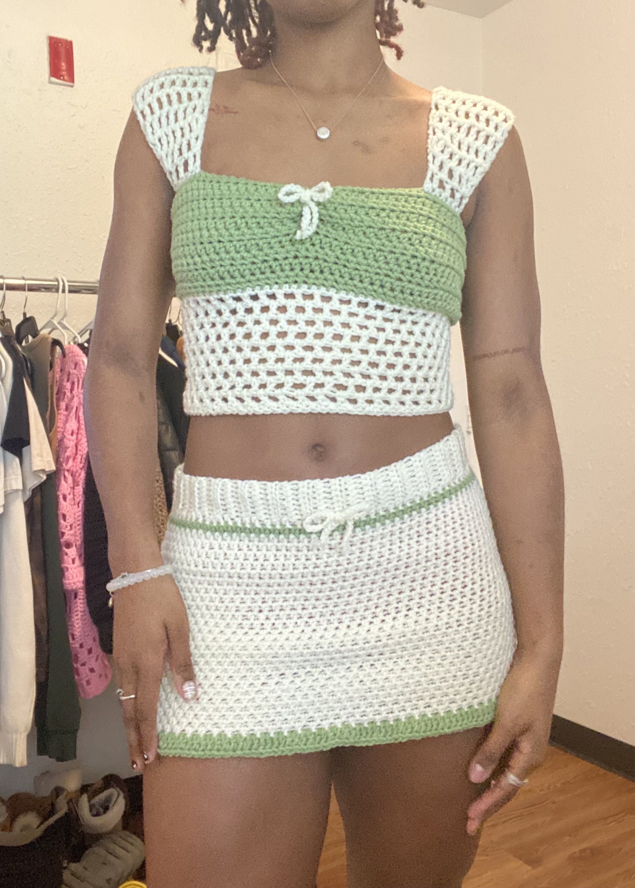 CROCHET LOOK LONG SLEEVE CROP TOP & MINI SKIRT SET
