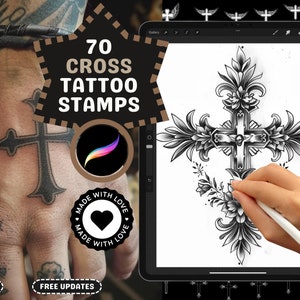 Procreate Brushes: Cross Tattoo Art Pack, 70 Stamps and Brushes for Tattoo Design, Religious and Gothic Styles, Procreate Stamps zdjęcie 1