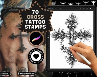 Procreate Brushes: Cross Tattoo Art Pack, 70 Stamps and Brushes for Tattoo Design, Religious and Gothic Styles, Procreate Stamps