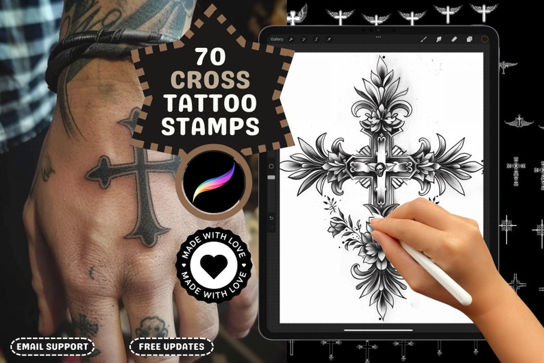 Procreate Brushes: Cross Tattoo Art Pack, 70 Stamps and Brushes for Tattoo Design, Religious and Gothic Styles, Procreate Stamps zdjęcie 1