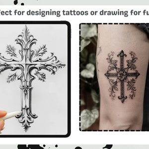 Procreate Brushes: Cross Tattoo Art Pack, 70 Stamps and Brushes for Tattoo Design, Religious and Gothic Styles, Procreate Stamps zdjęcie 4