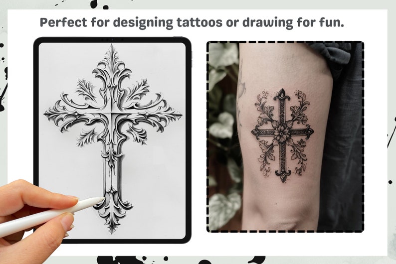 Procreate Brushes: Cross Tattoo Art Pack, 70 Stamps and Brushes for Tattoo Design, Religious and Gothic Styles, Procreate Stamps zdjęcie 4